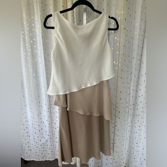 S.L. Fashion Asymmetric Flounce Tiered Ruffle Neutral Color Block Sheath Dress 8 - Picture 3 of 5